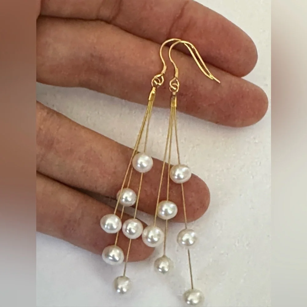 White AAAvPearl Long Linear Dangle Earrings • Gold • Statement Earrings